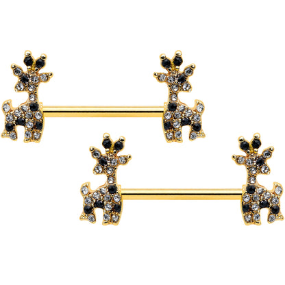 14G 9/16 Black Gem Gold Tone Decadent Deer Nipple Ring Set
