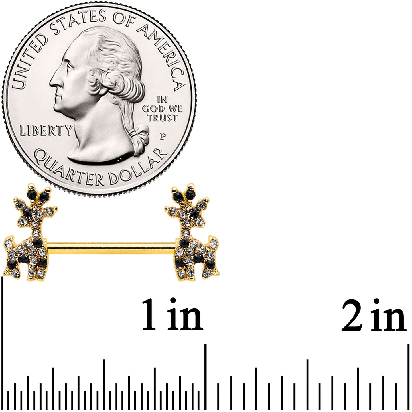 14G 9/16 Black Gem Gold Tone Decadent Deer Nipple Ring Set