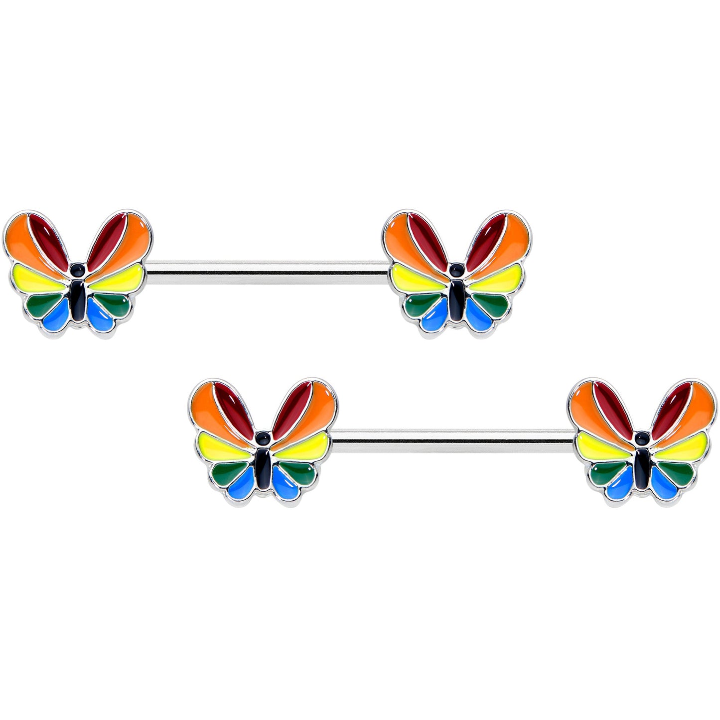 14G 9/16 Pride Rainbow Stripe Butterfly Barbell Nipple Ring Set