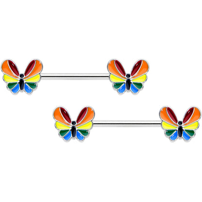 14G 9/16 Pride Rainbow Stripe Butterfly Barbell Nipple Ring Set