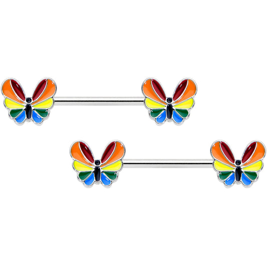 14G 9/16 Pride Rainbow Stripe Butterfly Barbell Nipple Ring Set