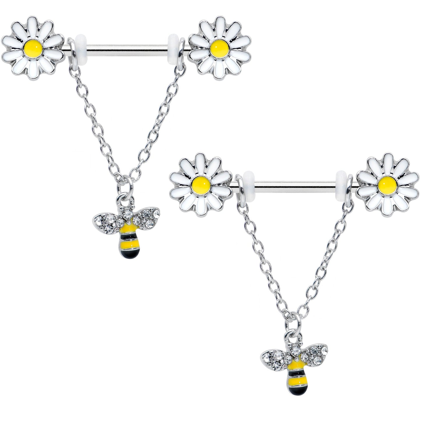 14G 9/16 Clear Gem Daisy Bee Chain Dangle Barbell Nipple Ring Set