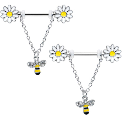14G 9/16 Clear Gem Daisy Bee Chain Dangle Barbell Nipple Ring Set