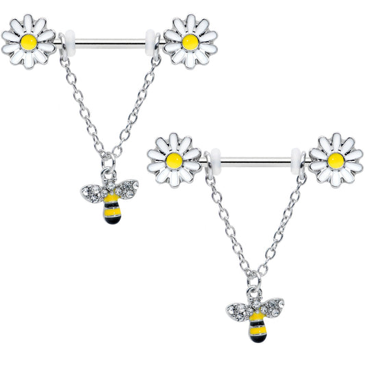 14G 9/16 Clear Gem Daisy Bee Chain Dangle Barbell Nipple Ring Set