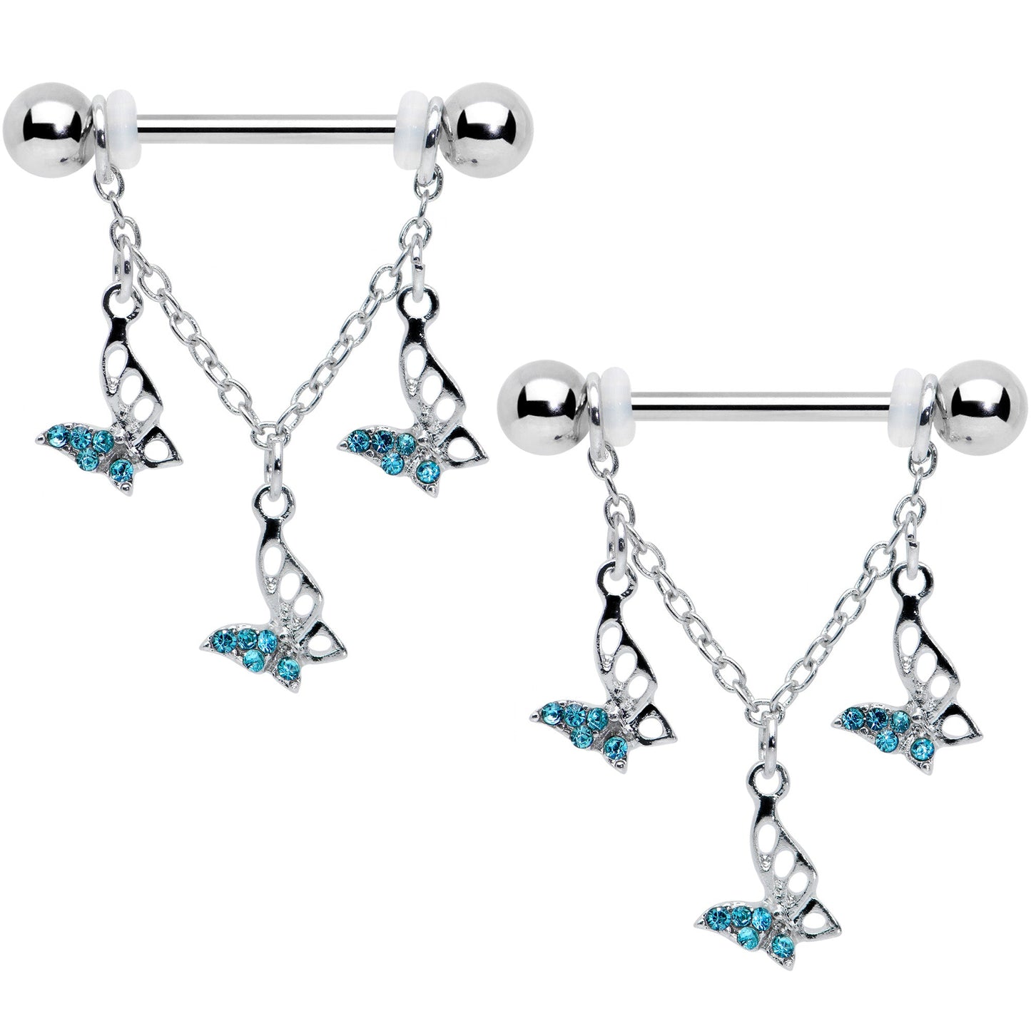 14G 9/16 Blue Gem Open Butterfly Chain Dangle Nipple Ring Set