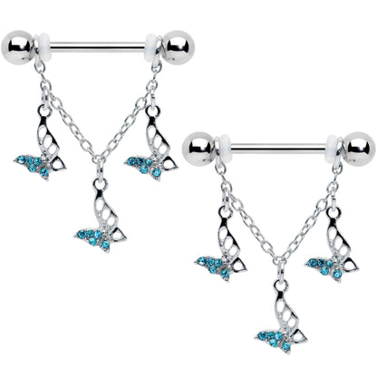 14G 9/16 Blue Gem Open Butterfly Chain Dangle Nipple Ring Set