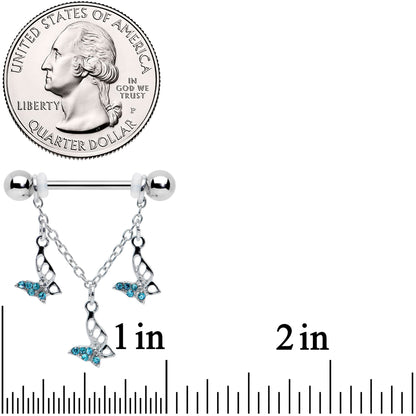 14G 9/16 Blue Gem Open Butterfly Chain Dangle Nipple Ring Set