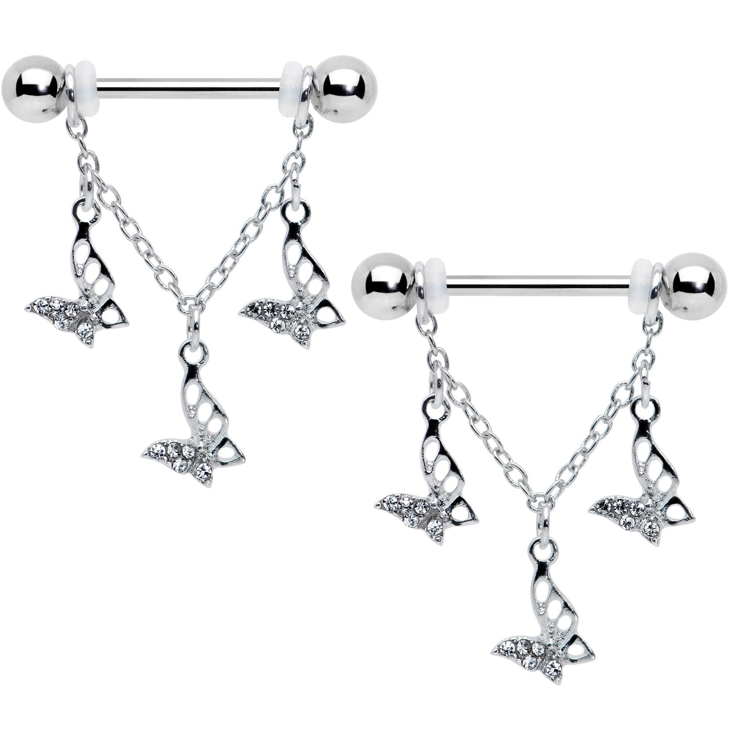 14G 9/16 Clear Gem Open Butterfly Chain Dangle Nipple Ring Set