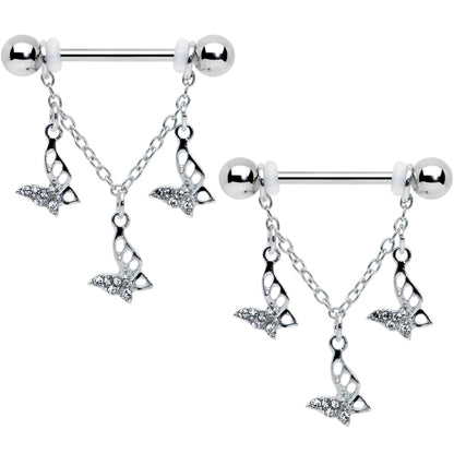 14G 9/16 Clear Gem Open Butterfly Chain Dangle Nipple Ring Set