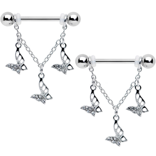 14G 9/16 Clear Gem Open Butterfly Chain Dangle Nipple Ring Set