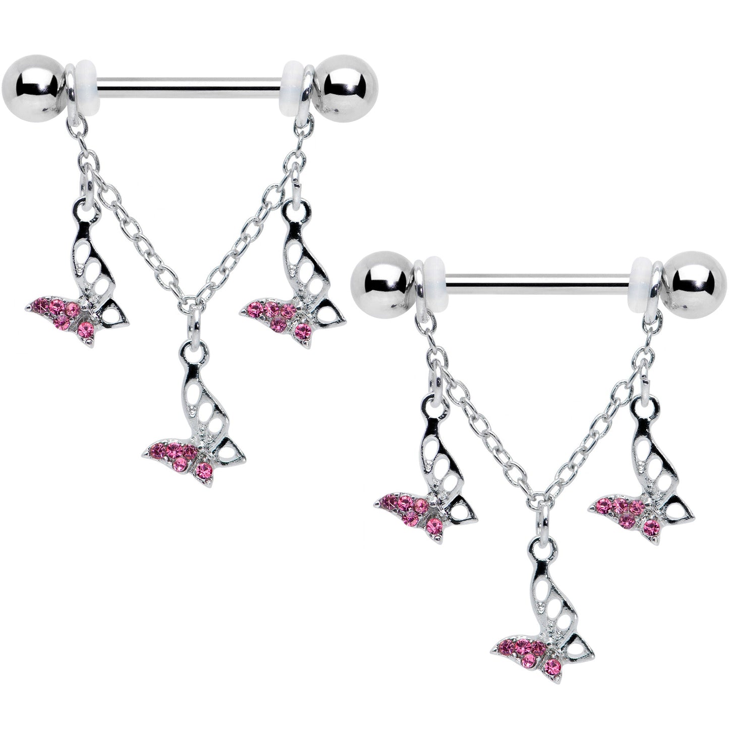 14G 9/16 Pink Gem Open Butterfly Chain Dangle Nipple Ring Set
