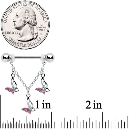 14G 9/16 Pink Gem Open Butterfly Chain Dangle Nipple Ring Set