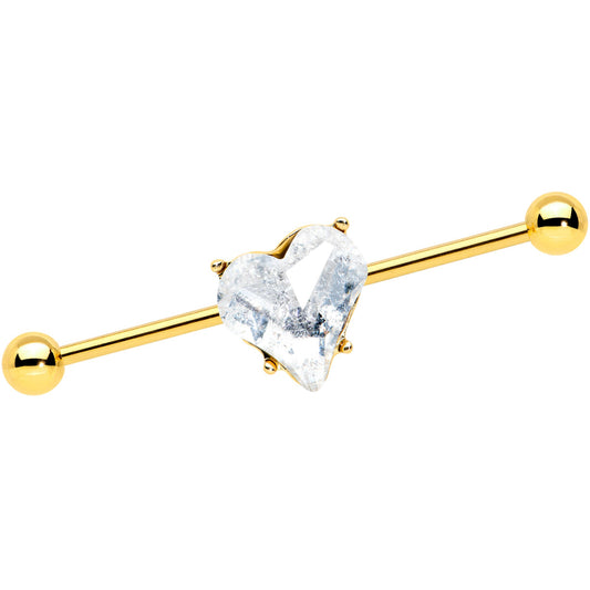 14G Clear Gem Gold Tone Heart Valentine Industrial Barbell 38mm