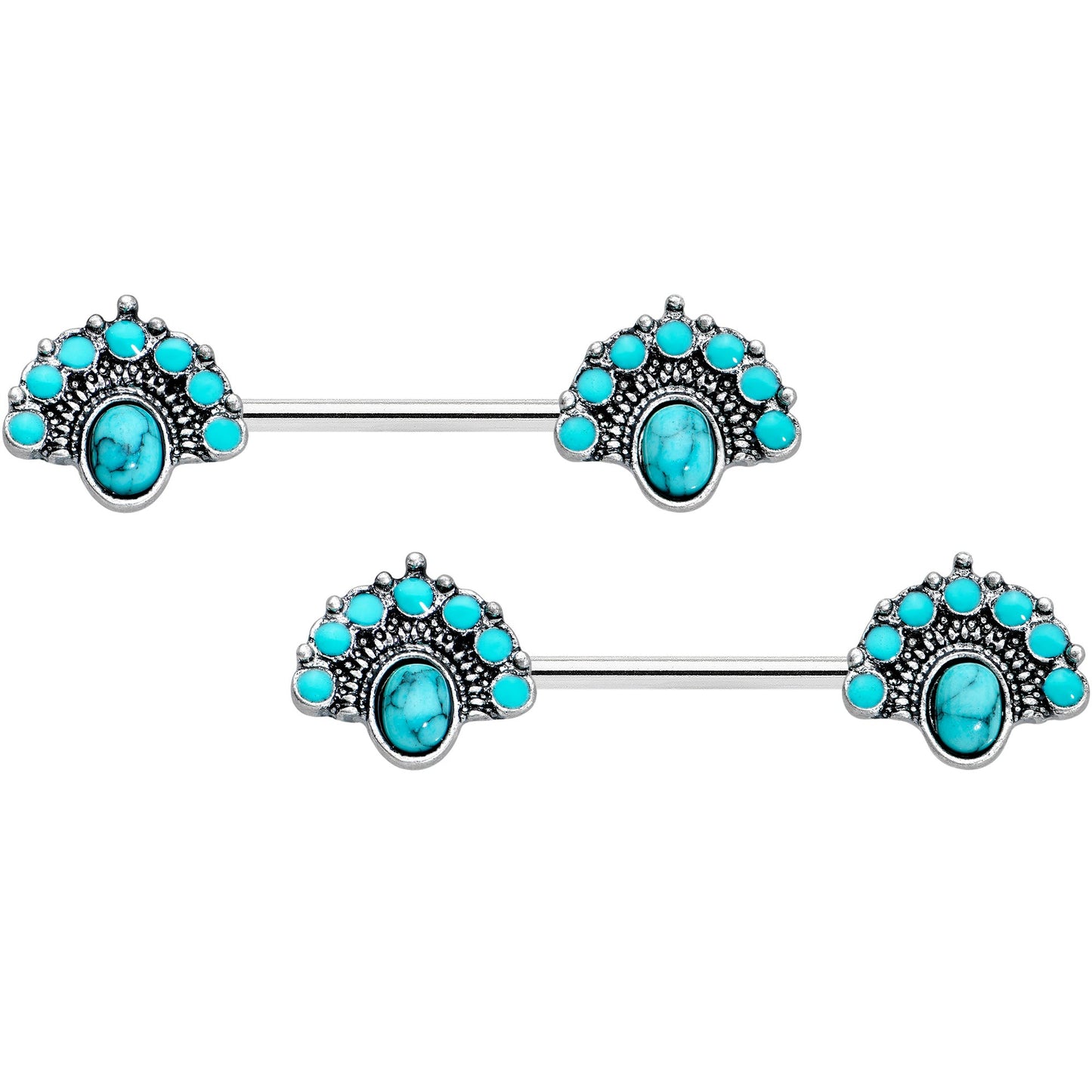 14G 9/16 Blue Turquoise Southwest Shield Barbell Nipple Ring Set