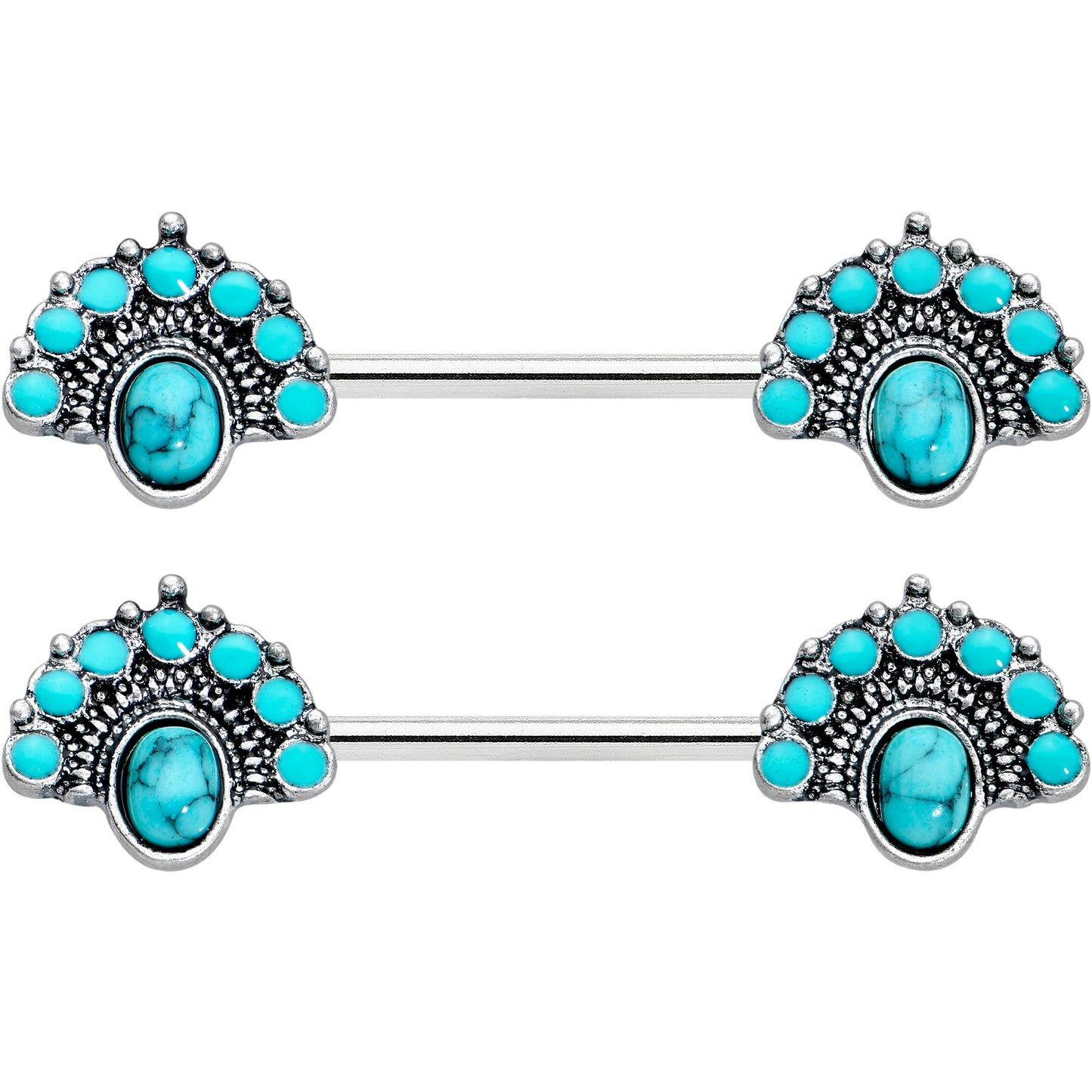 14G 9/16 Blue Turquoise Southwest Shield Barbell Nipple Ring Set