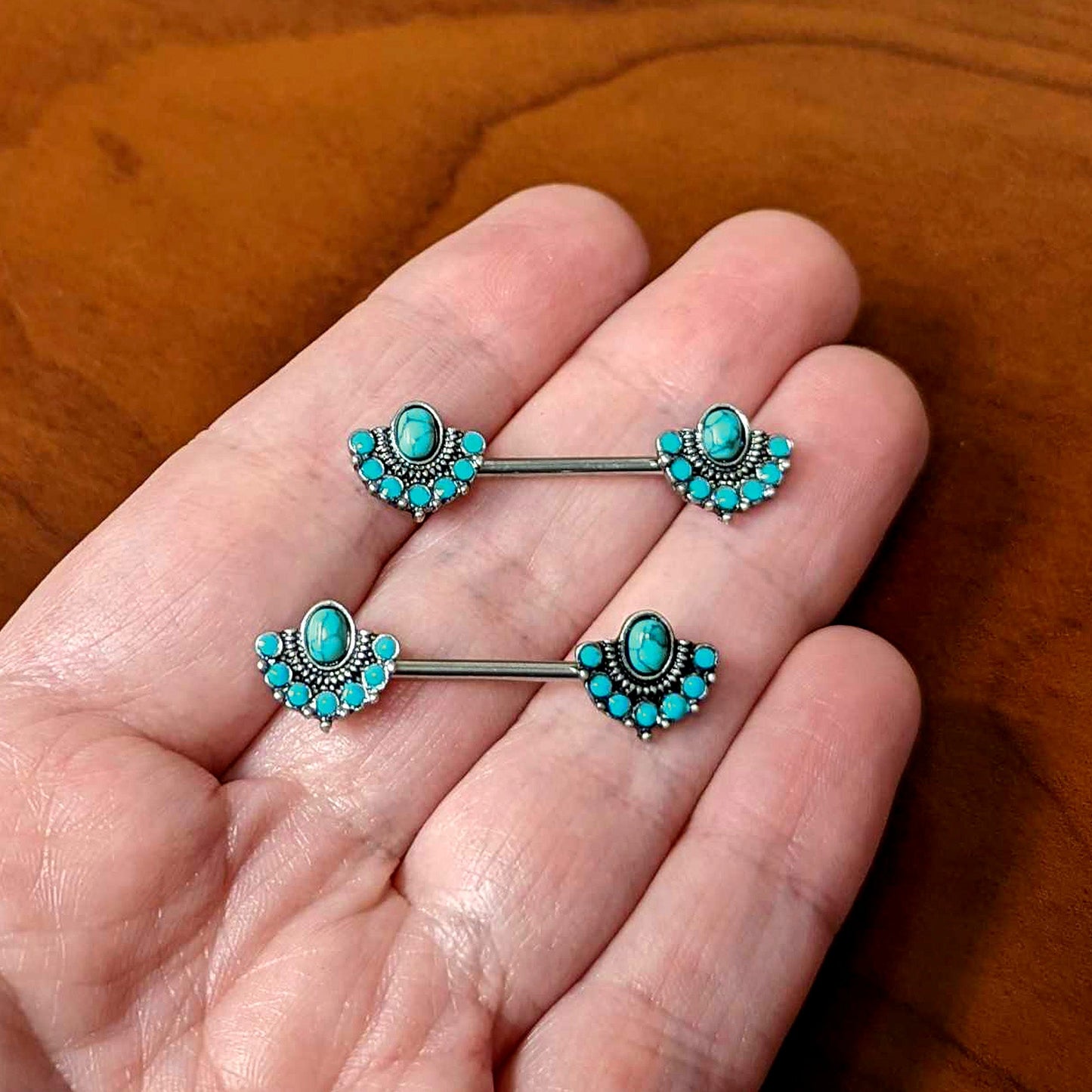 14G 9/16 Blue Turquoise Southwest Shield Barbell Nipple Ring Set