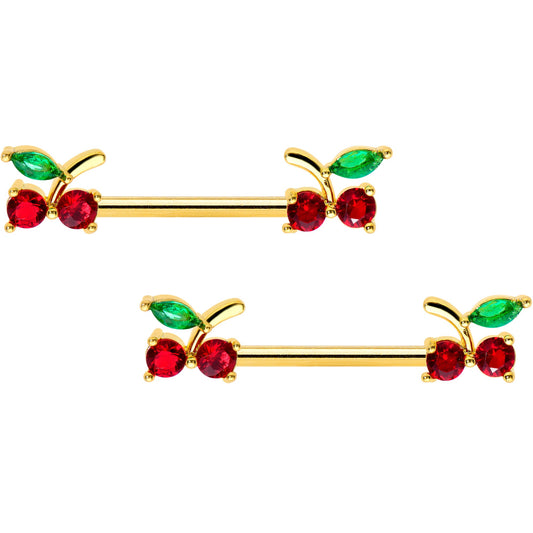 14G 9/16 Red Gem Gold Tone Tasty Cherry Barbell Nipple Ring Set