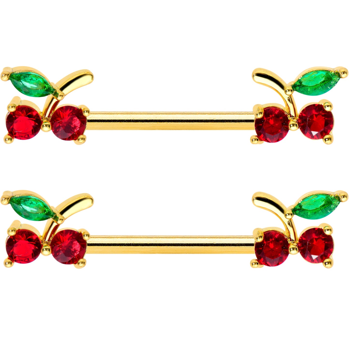 14G 9/16 Red Gem Gold Tone Tasty Cherry Barbell Nipple Ring Set