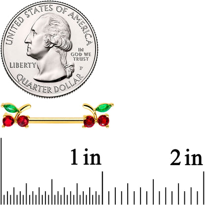 14G 9/16 Red Gem Gold Tone Tasty Cherry Barbell Nipple Ring Set