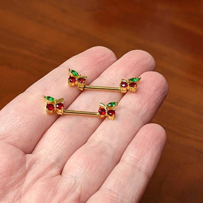 14G 9/16 Red Gem Gold Tone Tasty Cherry Barbell Nipple Ring Set