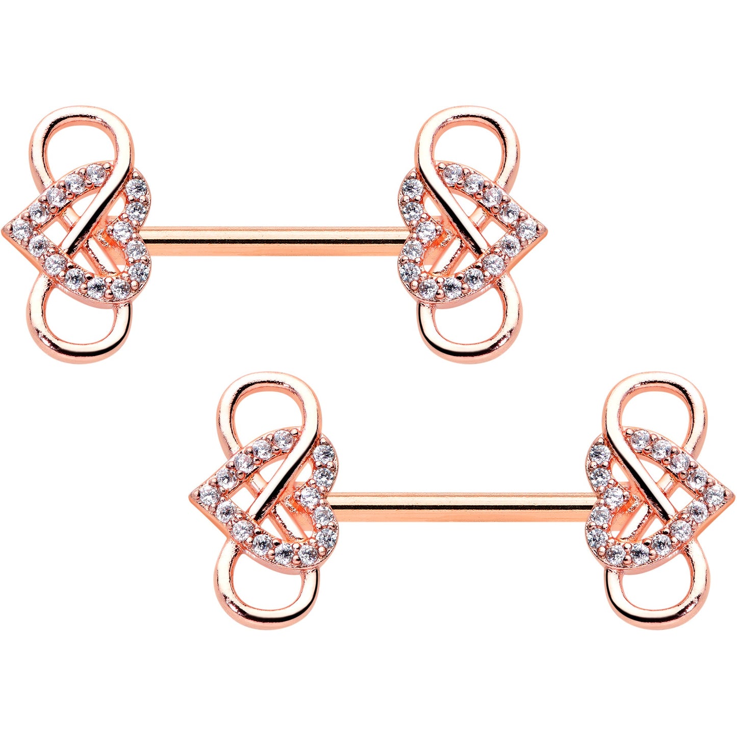 14G 1/2 Clear CZ Gem Rose Gold Hue Infinity Heart Nipple Ring Set