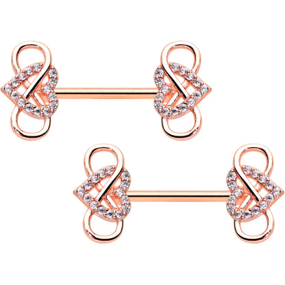 14G 1/2 Clear CZ Gem Rose Gold Hue Infinity Heart Nipple Ring Set