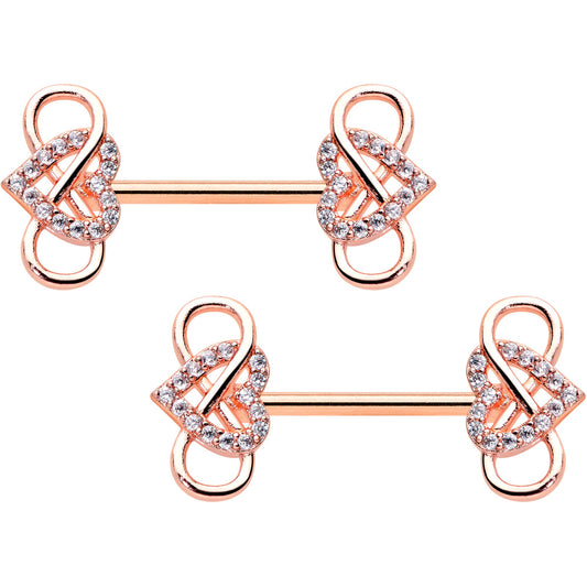 14G 1/2 Clear CZ Gem Rose Gold Hue Infinity Heart Nipple Ring Set