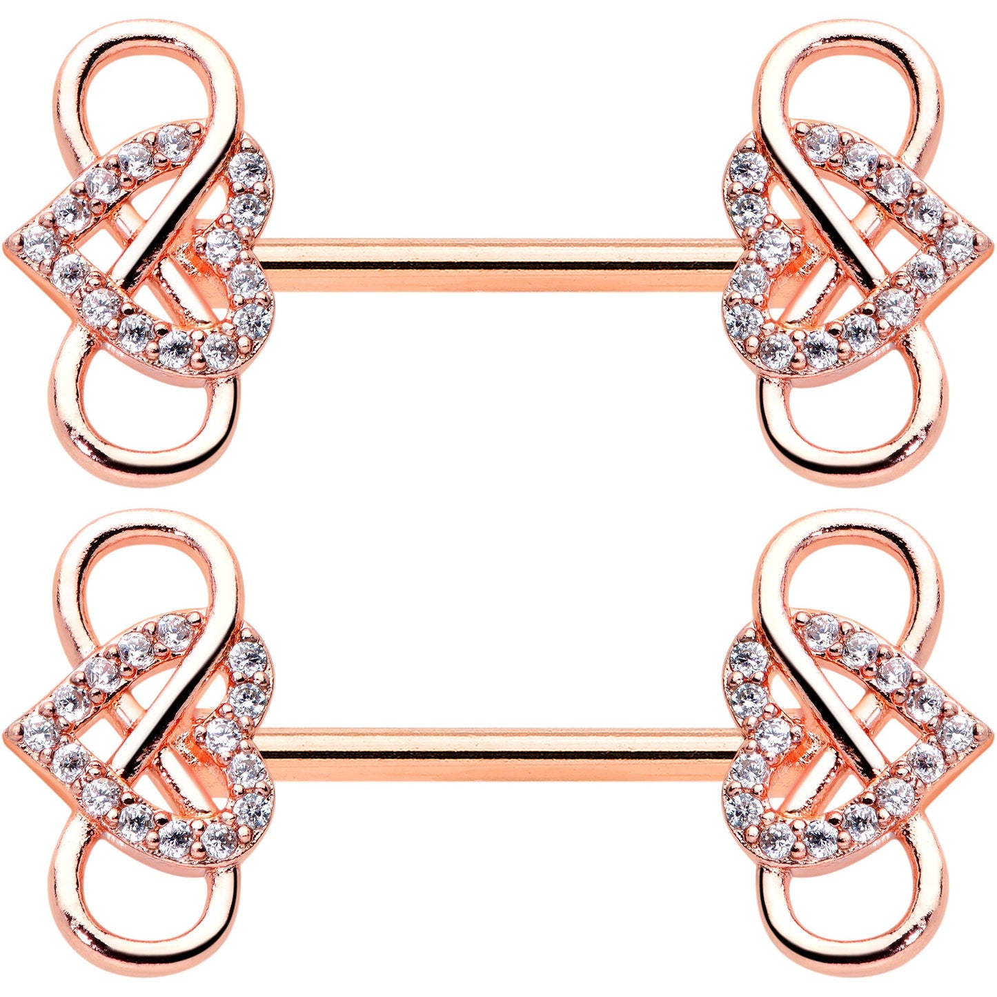 14G 1/2 Clear CZ Gem Rose Gold Hue Infinity Heart Nipple Ring Set