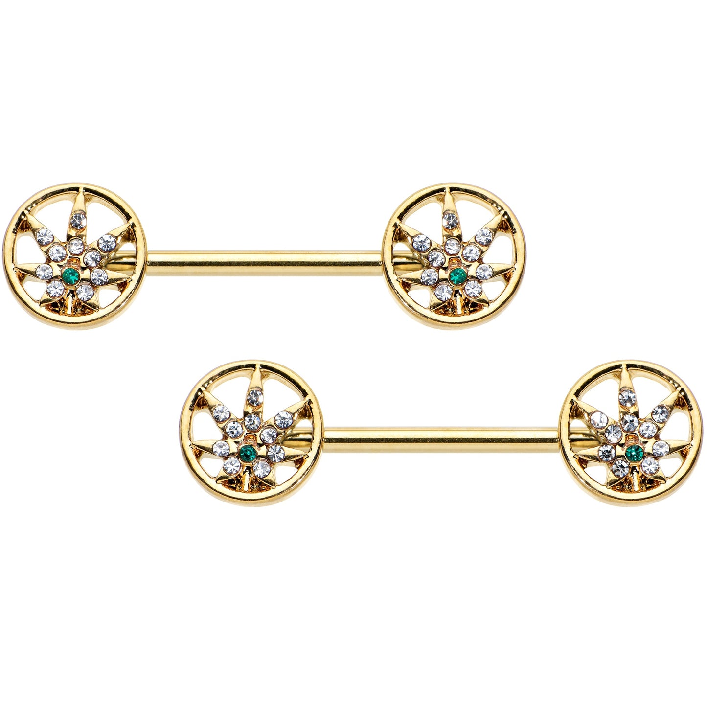 14G 9/16 Clear Green Gem Gold Hue Pot Leaf Circle Nipple Ring Set