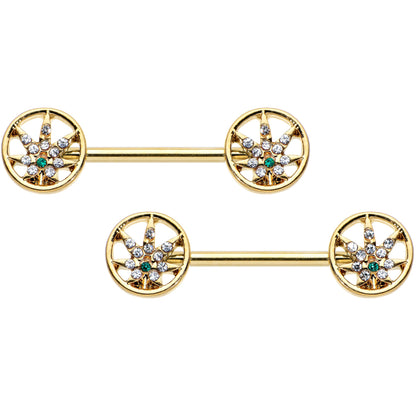 14G 9/16 Clear Green Gem Gold Hue Pot Leaf Circle Nipple Ring Set