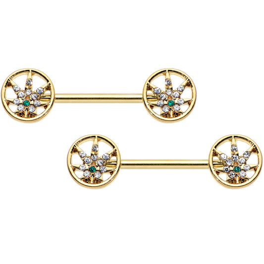 14G 9/16 Clear Green Gem Gold Hue Pot Leaf Circle Nipple Ring Set