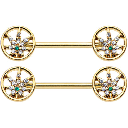 14G 9/16 Clear Green Gem Gold Hue Pot Leaf Circle Nipple Ring Set