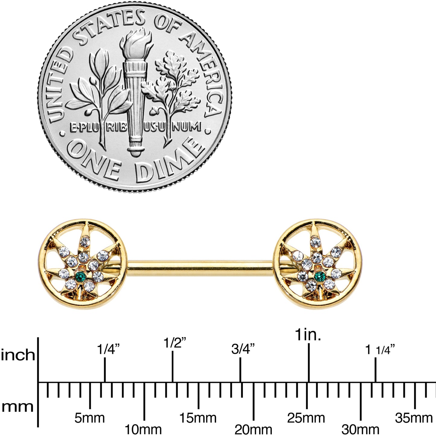 14G 9/16 Clear Green Gem Gold Hue Pot Leaf Circle Nipple Ring Set
