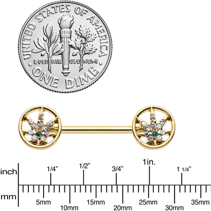 14G 9/16 Clear Green Gem Gold Hue Pot Leaf Circle Nipple Ring Set