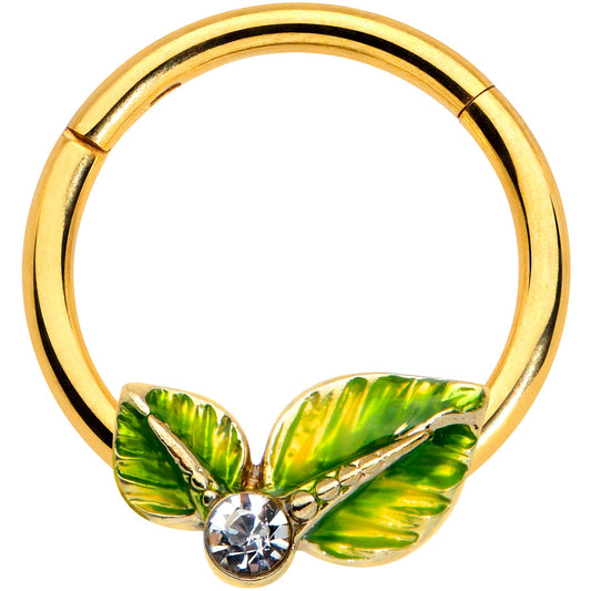 16G 3/8 Clear Gem Gold Tone Lush Green Leaves Hinged Segment Ring