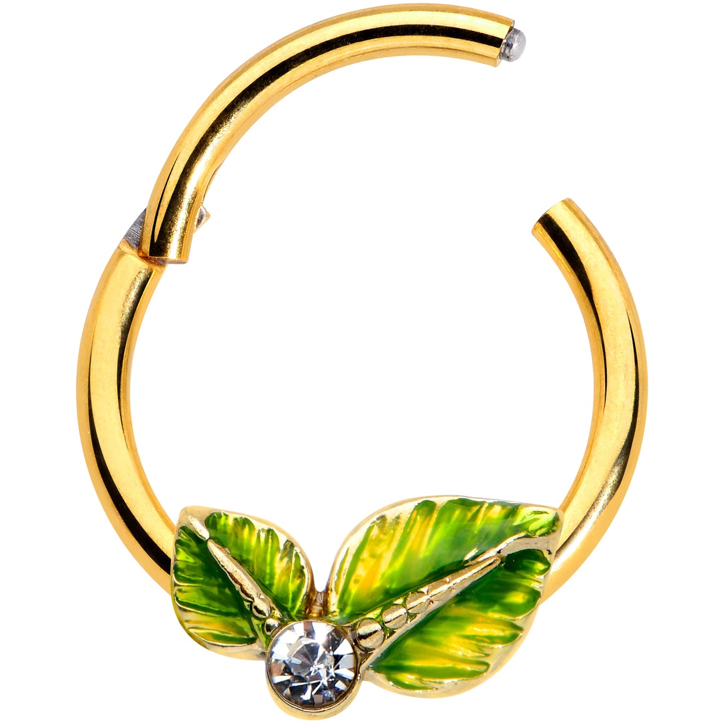 16G 3/8 Clear Gem Gold Tone Lush Green Leaves Hinged Segment Ring
