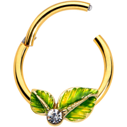 16G 3/8 Clear Gem Gold Tone Lush Green Leaves Hinged Segment Ring