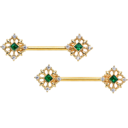 14G 9/16 Green Gem Gold Tone Noble Square Barbell Nipple Ring Set