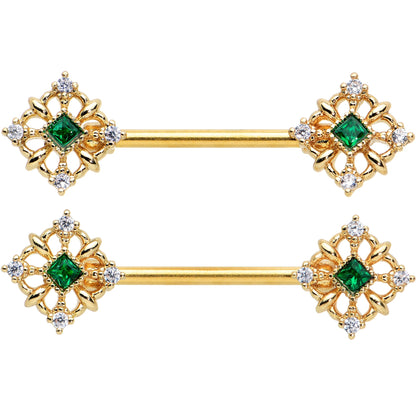 14G 9/16 Green Gem Gold Tone Noble Square Barbell Nipple Ring Set