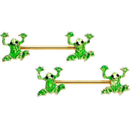 14G 9/16 Gold Tone Green Tree Frog Barbell Nipple Ring Set