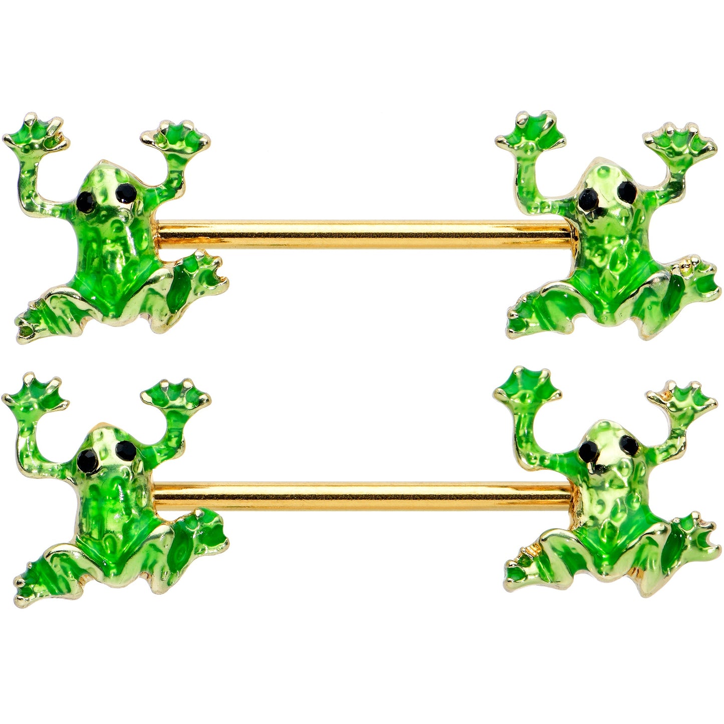 14G 9/16 Gold Tone Green Tree Frog Barbell Nipple Ring Set