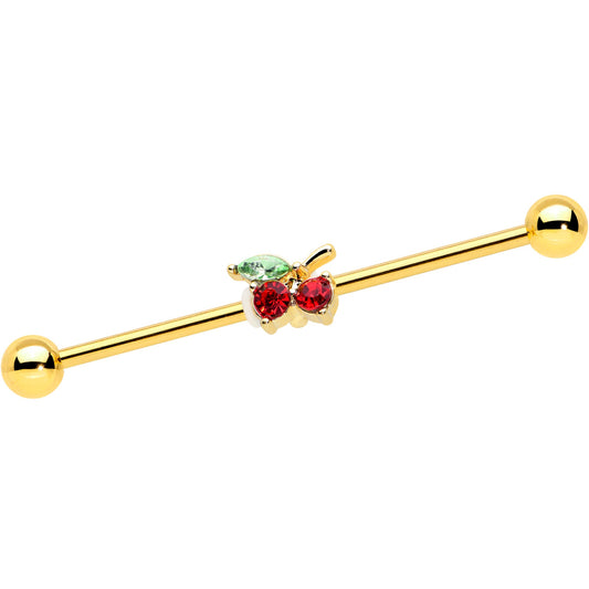 14G Red Gem Gold Tone Tasty Cherry Fruit Industrial Barbell 38mm