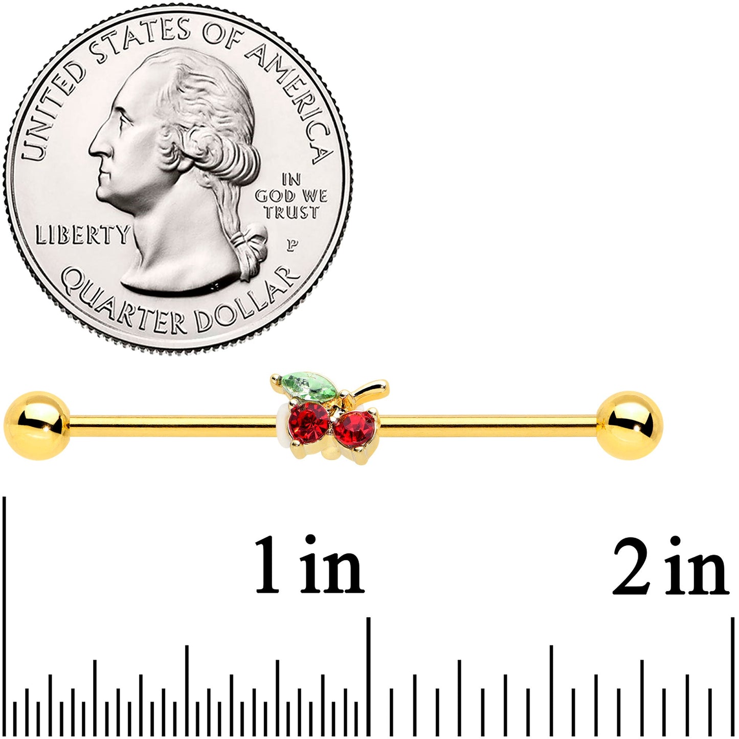 14G Red Gem Gold Tone Tasty Cherry Fruit Industrial Barbell 38mm