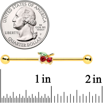 14G Red Gem Gold Tone Tasty Cherry Fruit Industrial Barbell 38mm