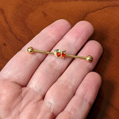 14G Red Gem Gold Tone Tasty Cherry Fruit Industrial Barbell 38mm