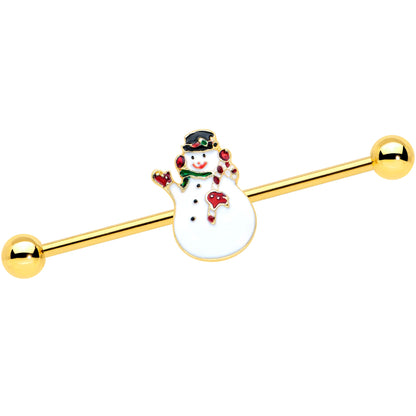 14G Gold Tone Winter Snowman Christmas Industrial Barbell 38mm