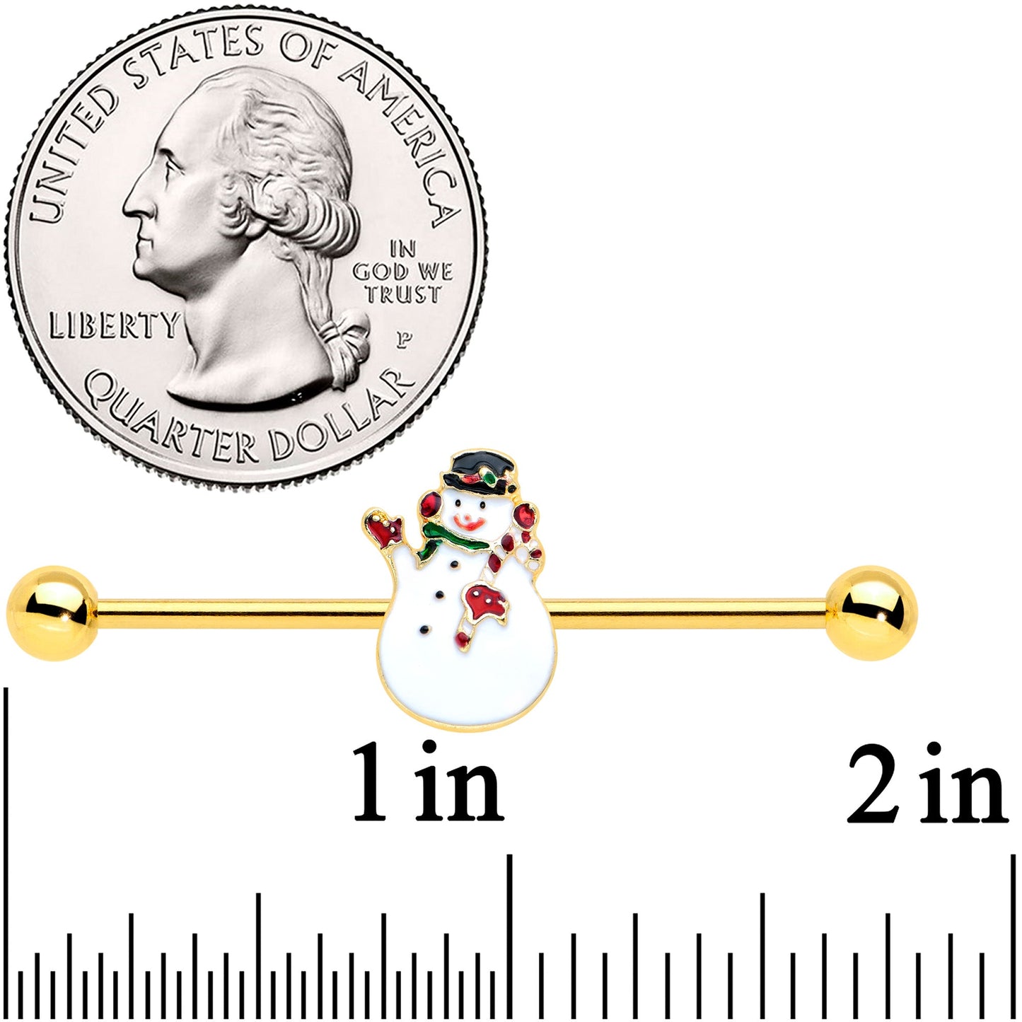 14G Gold Tone Winter Snowman Christmas Industrial Barbell 38mm