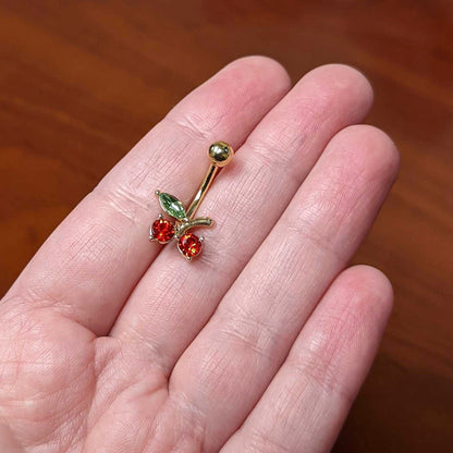 Green Red Gem Gold Tone Tasty Cherry Fruit Belly Ring