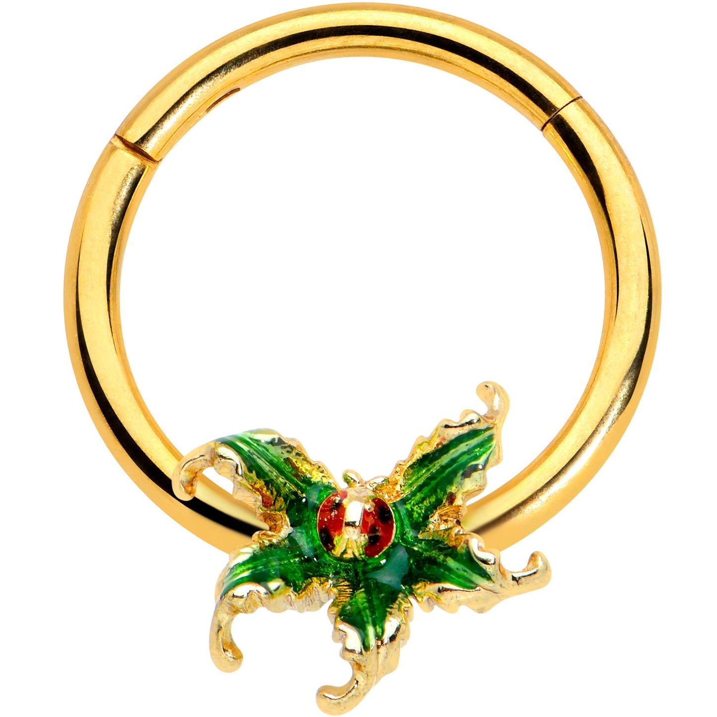 16G 3/8 Gold Tone Tiny Ladybug Leaves Hinged Segment Ring