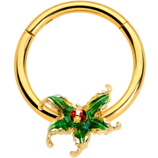 16G 3/8 Gold Tone Tiny Ladybug Leaves Hinged Segment Ring